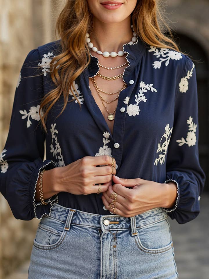 Lovenne - Wholesale Button Down Shirt - Women's - Women's long-sleeved embroidered V-neck shirt1