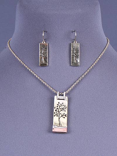 0011 PREMIERE - Wholesale Jewelry Set - FR2425 Gold Tree of Life Tri-Tone Rectangle Necklace Set1