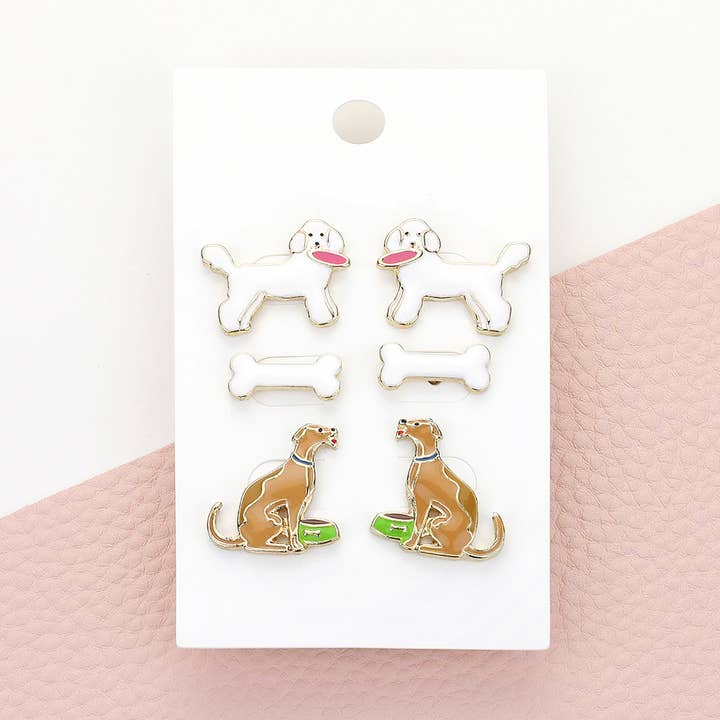 3Pairs - Enamel Dog Stud Earring Set for wholesale by Sensibling Corp.