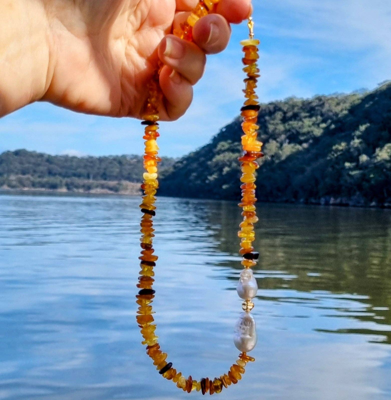 PearlGem Designs - Wholesale Beaded/pearl necklace - Mood Necklace with Amber and Baroque Freshwater Pearls2