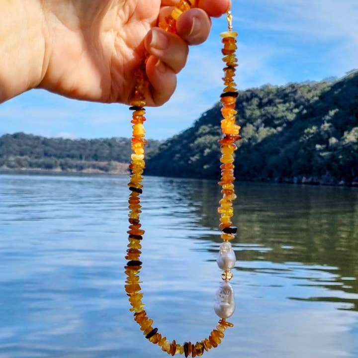 PearlGem Designs - Wholesale Beaded/pearl necklace - Mood Necklace with Amber and Baroque Freshwater Pearls2