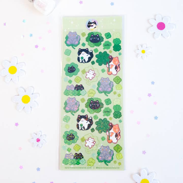 Feuille d'autocollants déco pailletés Clover Cat for wholesale by Sparkles in the Wild