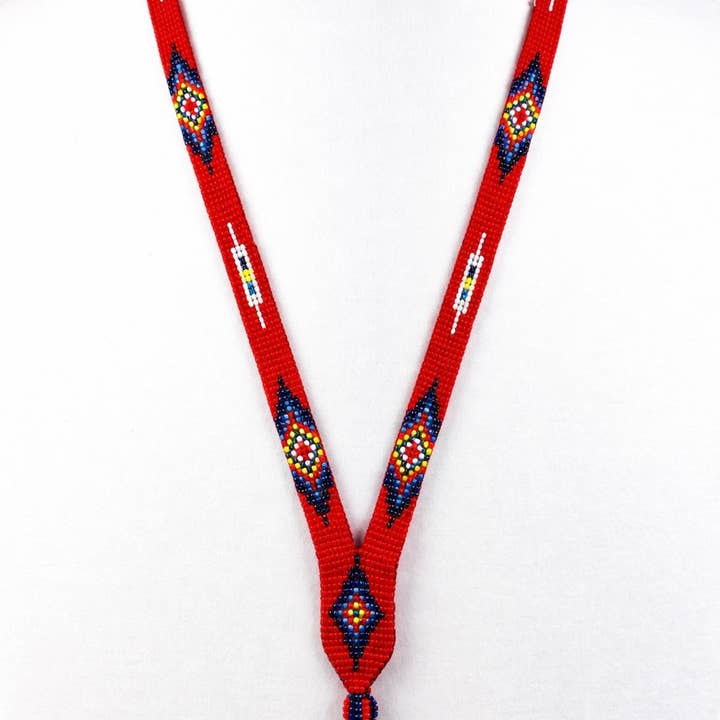 Handmade Native Inspired Red Blue Id Holder/Lanyard for wholesale by BEADS CORNER