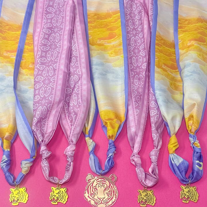 Game Day Scarf Necklace - Purple and Gold Tiger Charm for wholesale by Golden Lily