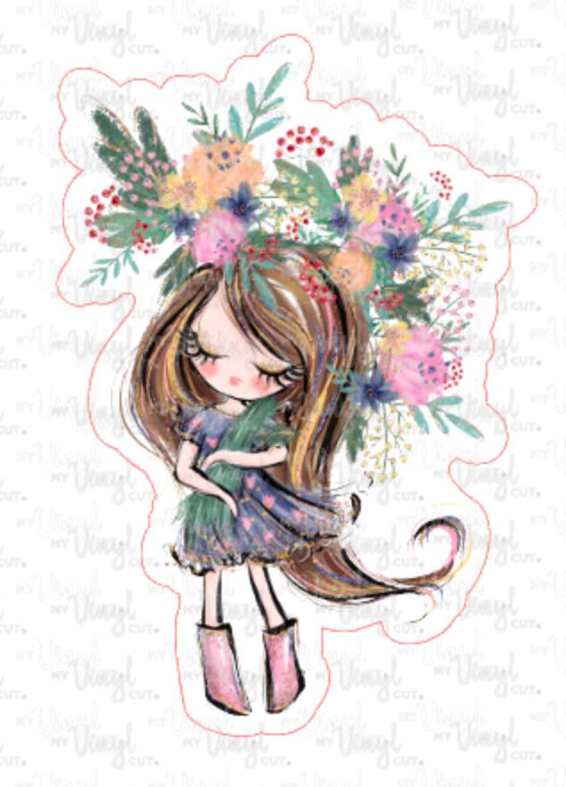 My Vinyl Cut - Wholesale  - Sticker 3A Garden Girl with Straight Brown Hair1