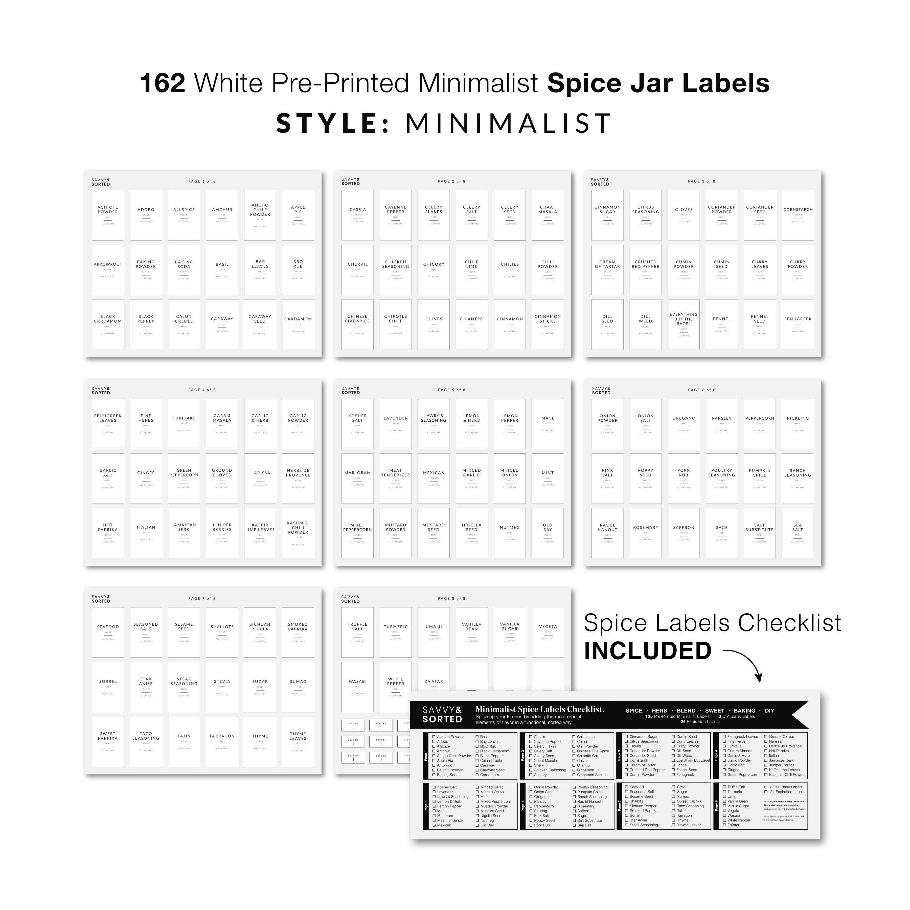 162 Minimalist Spice Jar Labels  Preprinted Spice Stickers Waterproof Label,  162 Labels - Foods Co.