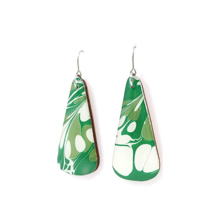 Green and white mid century modern long earrings for wholesale by autumn + tree