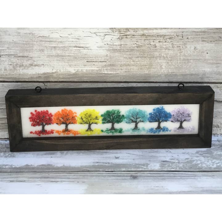 2" x 8" Horizontal Fused Framed Window Hanging Rainbow Trees for wholesale by Glimmer Glass Gifts