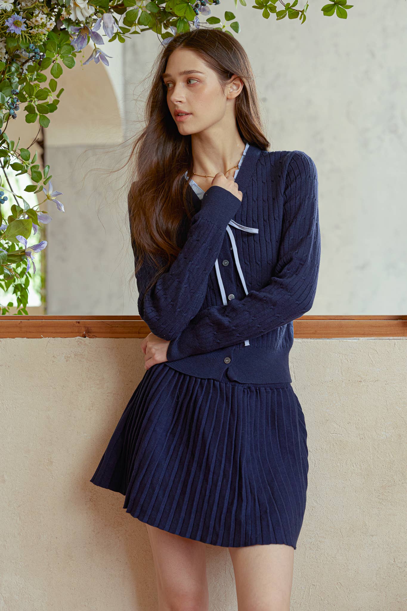 ROSIE POSIE – wholesale Set med topp och kjol - Dam – RP2945 - Marinblå Stickad & Plisserad Kjolset10