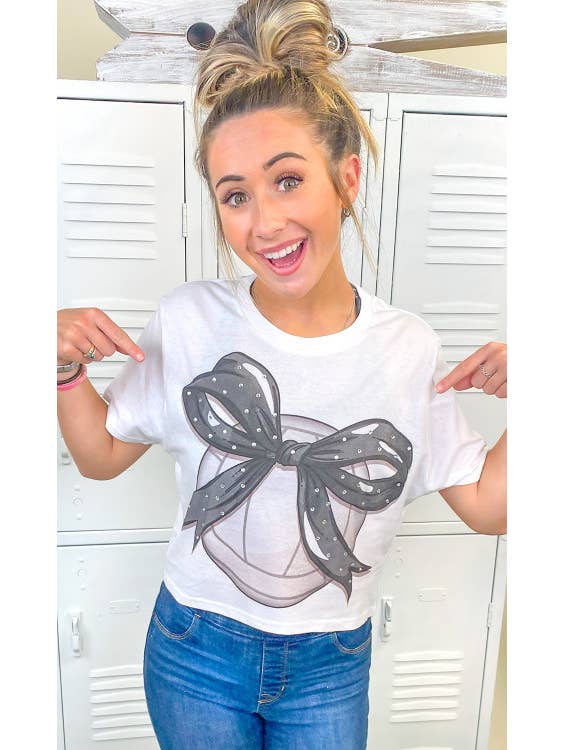 Sugar Stitch - Wholesale T-Shirt (Graphic) - Women's - Custom Volleyball Bow Rhinestone Graphic Crop Top