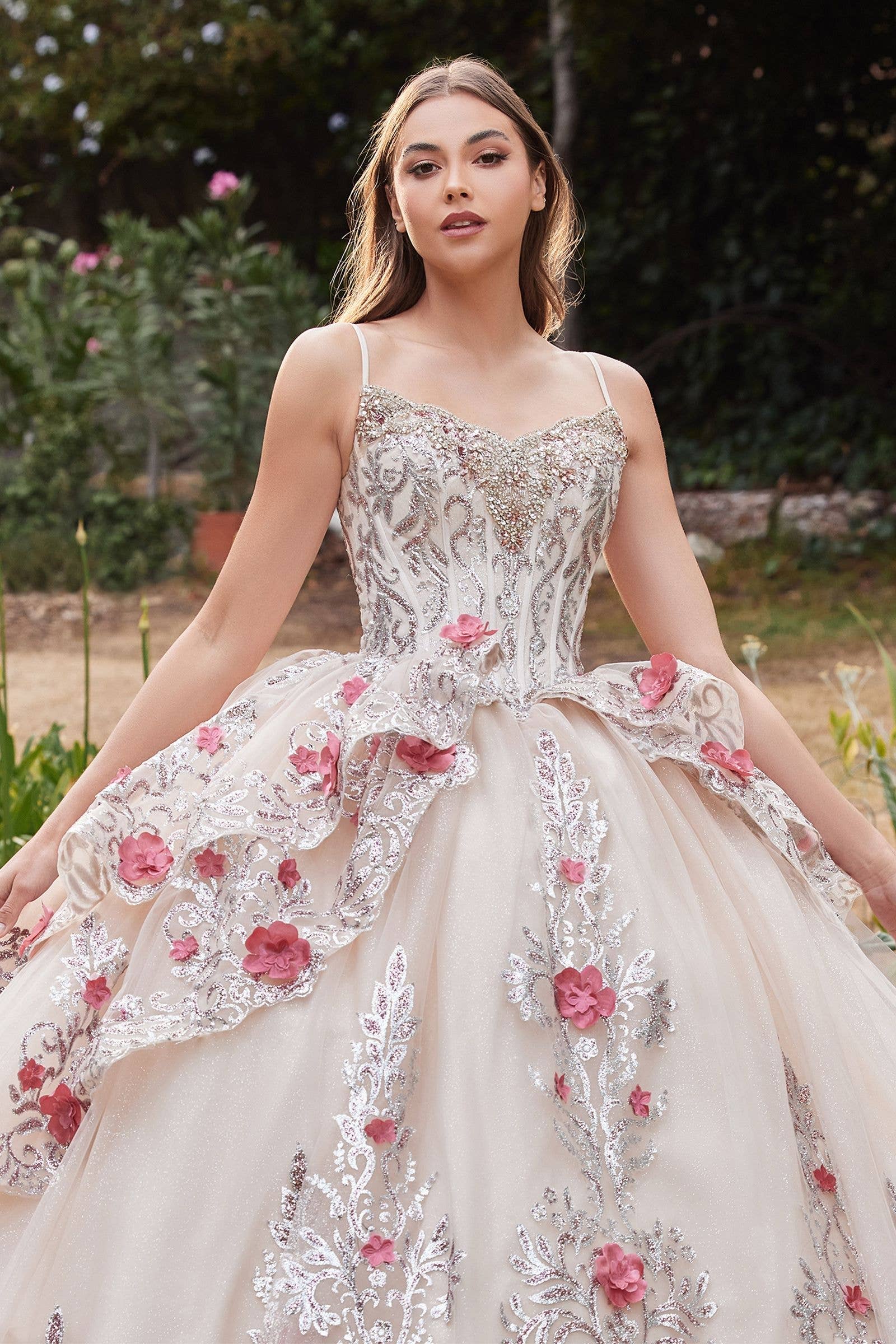 Champagne Layered Tulle Quince Ball Gown With Foral Applique for wholesale on Faire2