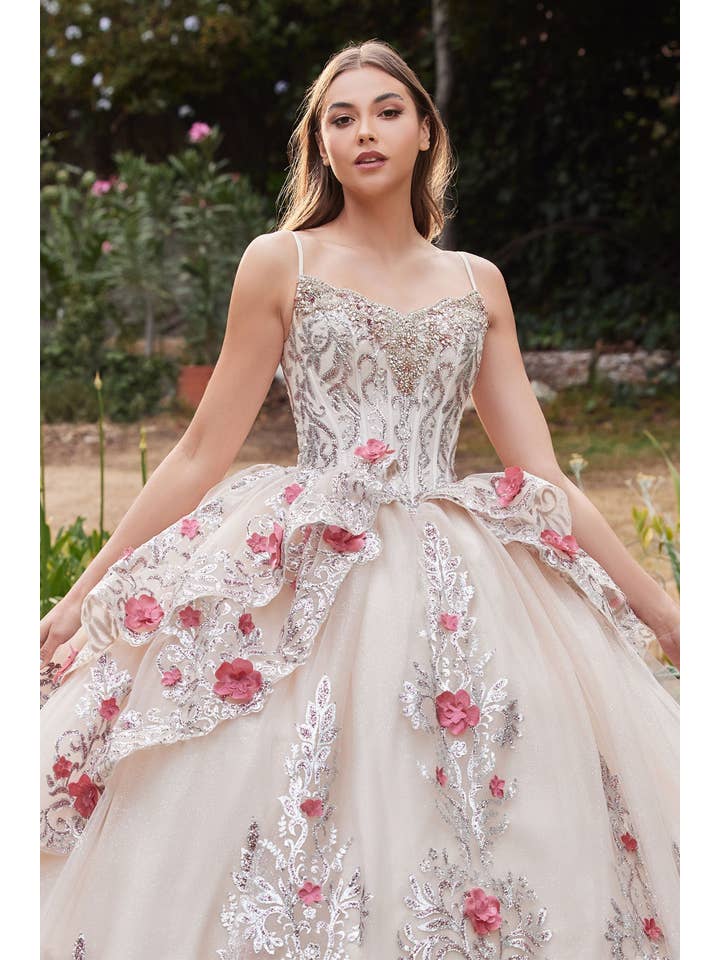 Champagne Layered Tulle Quince Ball Gown With Foral Applique for wholesale on Faire2