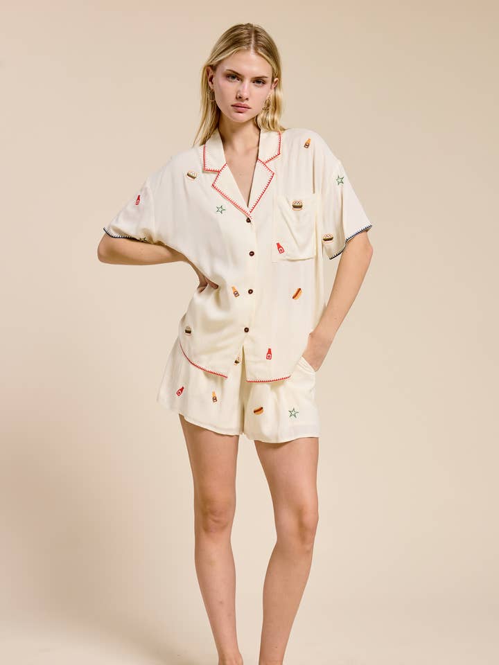 Calções Bordados Piquenique da Hora de Brincar por atacado de FLAT WHITE