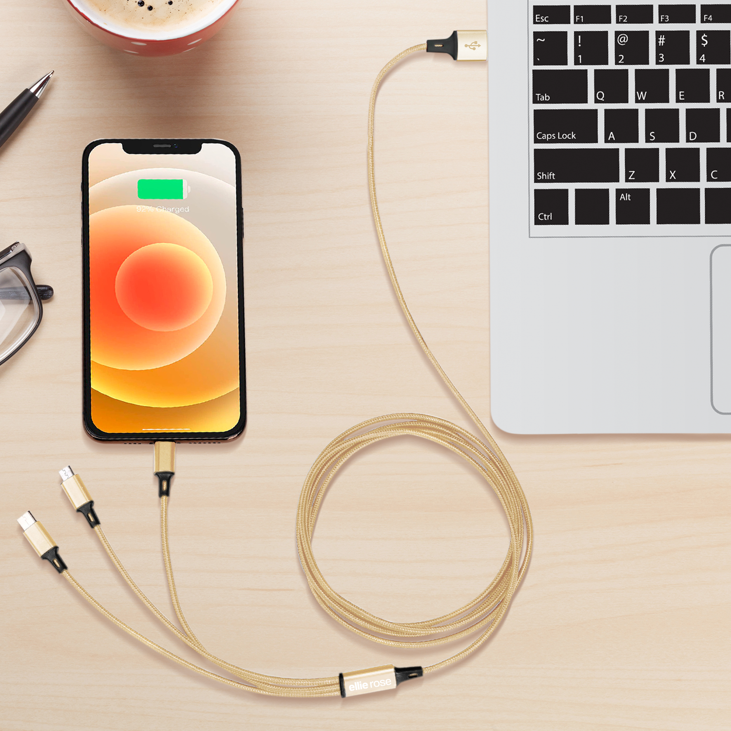 Ellie Rose - Wholesale Charging Cable - 3-in-1 Charging Cable 10 Ft Nylon - Gold (USB A)5