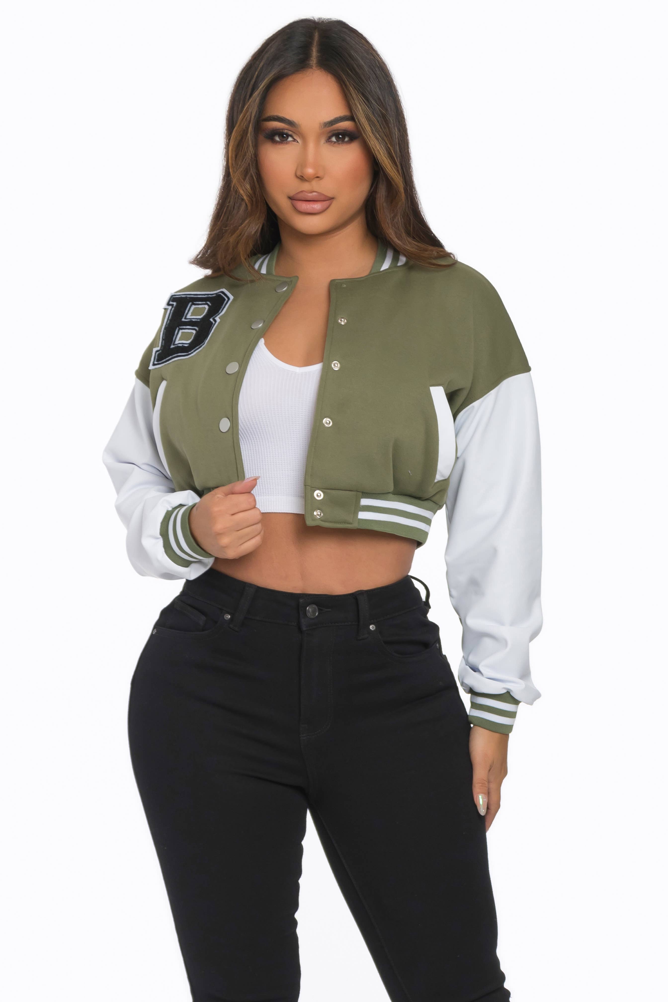 Lime All the Time - Wholesale Varsity/Baseball Jacket - Women's - B Logo Cropped Varsity Jacket14