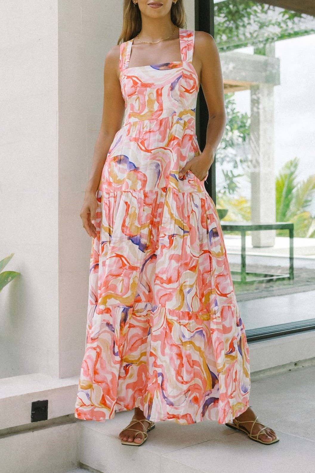 Rosa Clothing - Vente Robe – femme - Robe midi évasée à volants florale bleu bohème avec nœud à l'arrière12