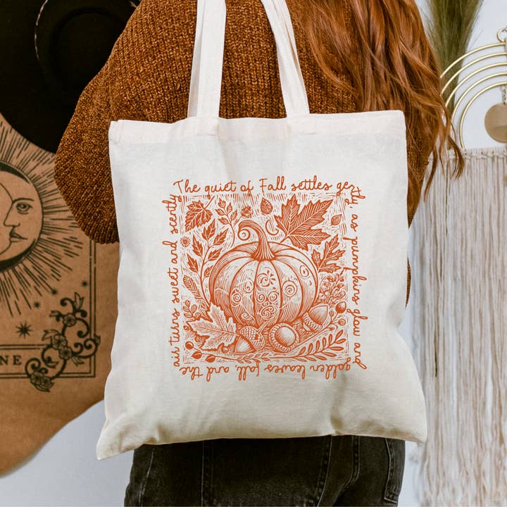 Vintage Fall Pumpkin Tote Bag, Autumn Quote Canvas Bag for wholesale by Scripted Pearl