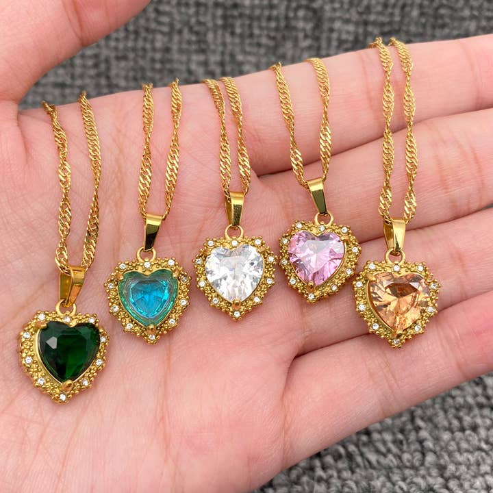 Mio Queena - Wholesale Pendant/Charm Necklace - Sparkling Heart Zircon Charm 18K Gold Plated SS Necklace-FGS