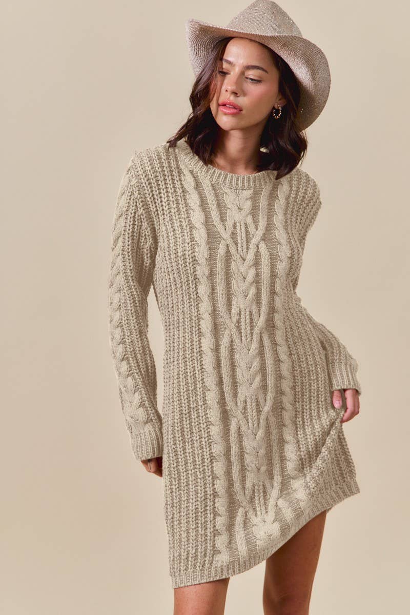 Vanilla Monkey - Wholesale Knit Sweater - Women's - Two Tone Cable Knit Sweater Mini Dress1
