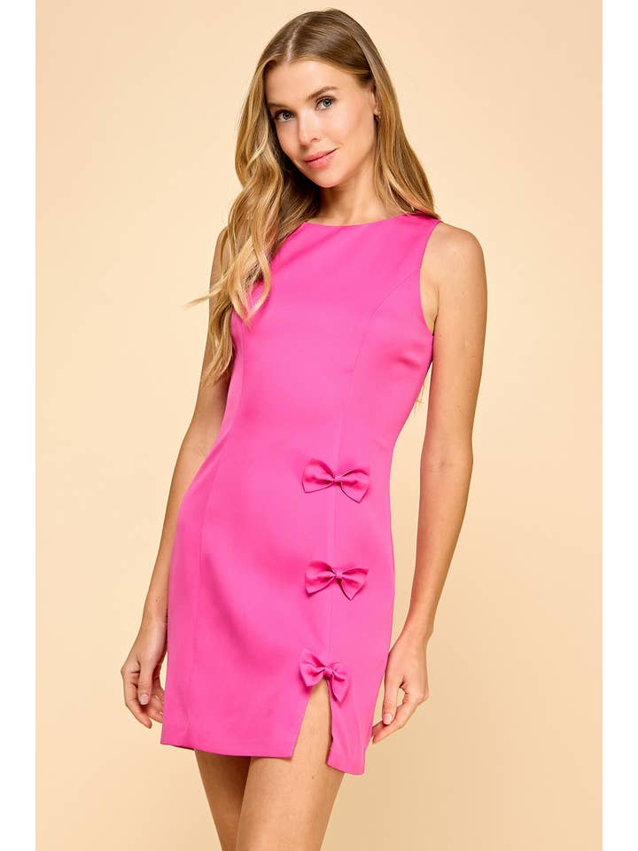 Fuschia CD05560-Three Bow Accents Side Slit Round Neck Dress for wholesale on Faire