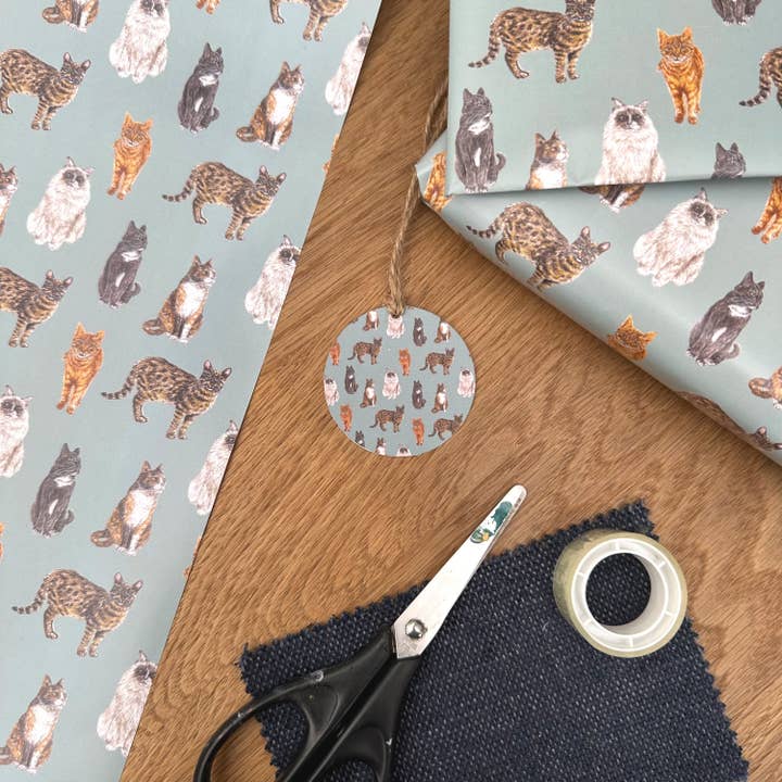 Cat Gift Wrap and Tag for wholesale by Lucy Locks Art