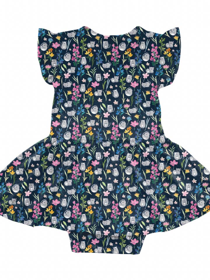 Body de bambú con estampado floral de gatos, vestido giratorio para bebés y niños pequeños para venta al por mayor de Popoki Pajamas