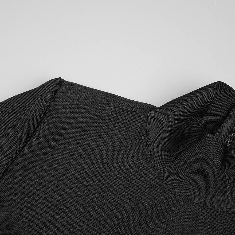 Black DR048 Studded Long Sleeve High Neck Bandage Knit Dress for wholesale on Faire2