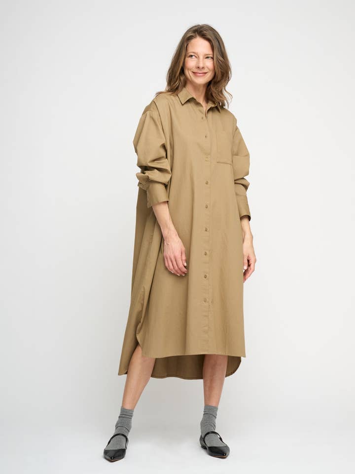 floret shirtdress twill - khaki brown for wholesale by moshi moshi mind