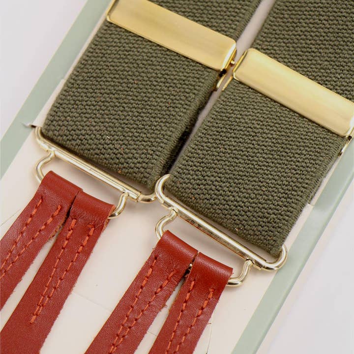 Revival Vintage Ltd – wholesale Suspenders – Unisex – Woven Khaki Green Trouser Braces - Tan Leather Loops