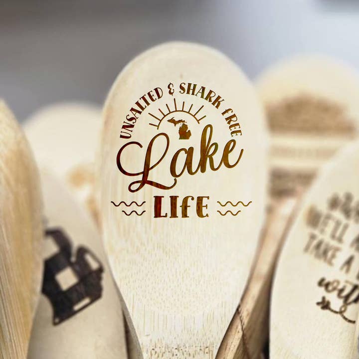 Unsalted Shark Free Michigan Lake Life Bamboo Wooden Spoon for wholesale by Kennebug LLC