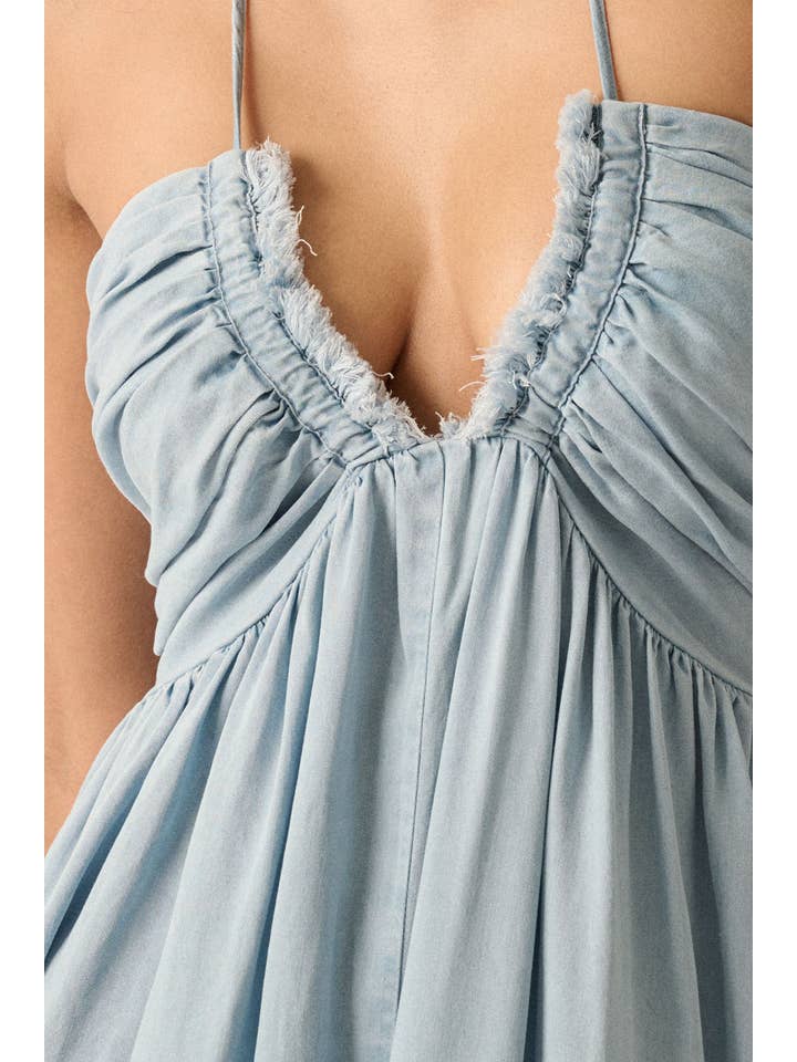 LIGHT CHAMBRAY Plunging Halter-Neck Solid Denim Maxi Dress for wholesale on Faire1