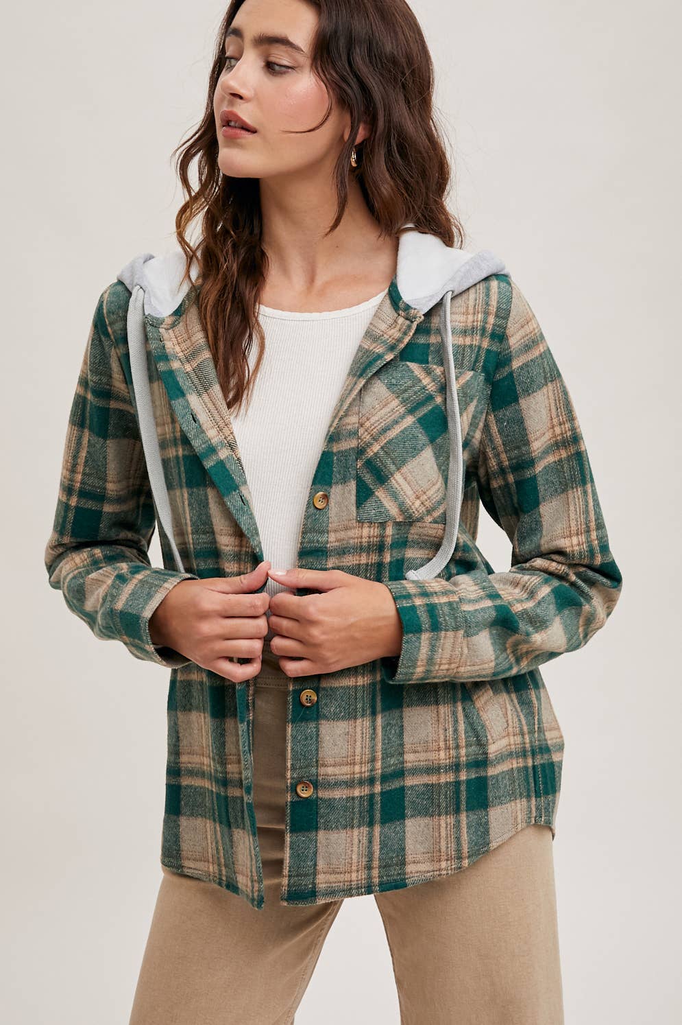 Bluivy – wholesale Shirt Jacket/Shacket - Women’s – HOODED FLANNEL BUTTON FRONT SHIRT JACKET16