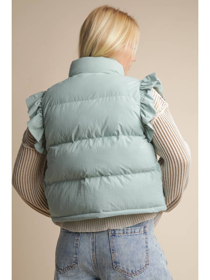VERY J - Wholesale Puffer Jacket - Women's - NJ90385-Front Bow Ruffle Sleeve Puffer Vest17