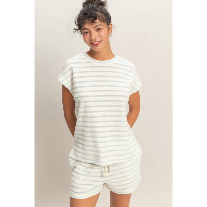 Striped Round Neck Short Sleeve Top for wholesale by Double Zero