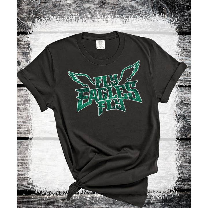 A Blessed Texas Mess Boutique - Wholesale Screen Printed T-Shirt - Women's - Fly Eagles Fly Faux Glitter Bling Philadelphia football
