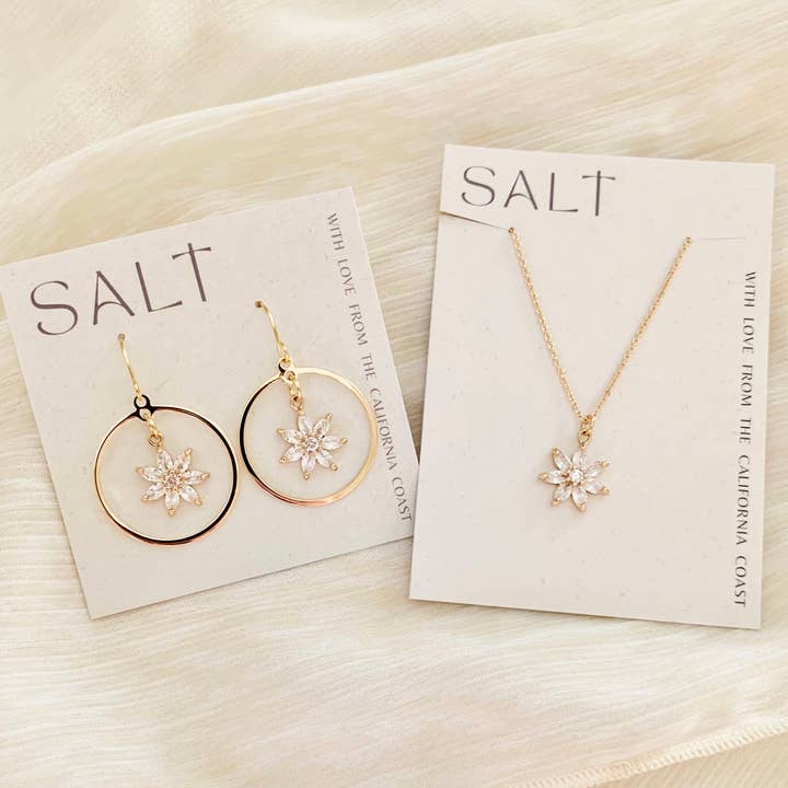 SALT by Sarah Curtis - Wholesale Dangle Earrings - CRYSTAL FLOWER HOOP EARRINGS | gold | sparkly earrings