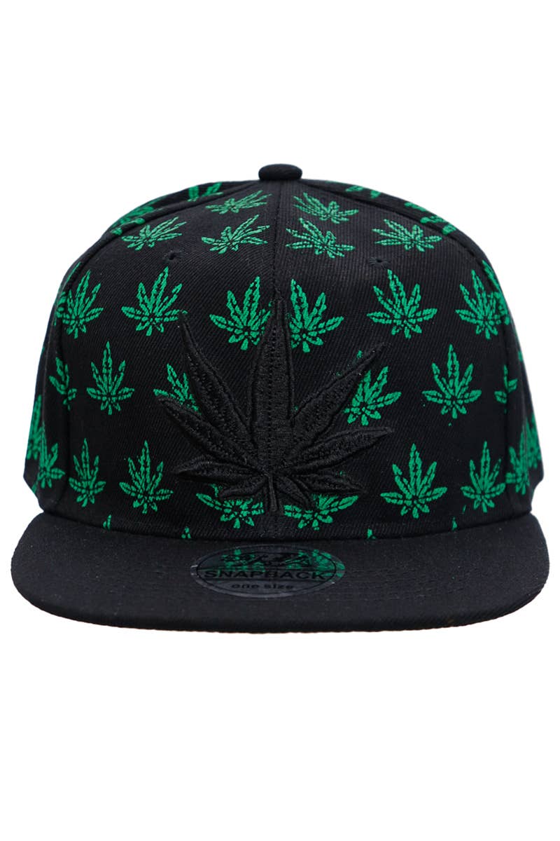Cap Zone - Vendita all'ingrosso Cappellino con visiera piatta - Unisex - Snapback a sei pannelli in twill acrilico con stampa di foglie di marijuana4