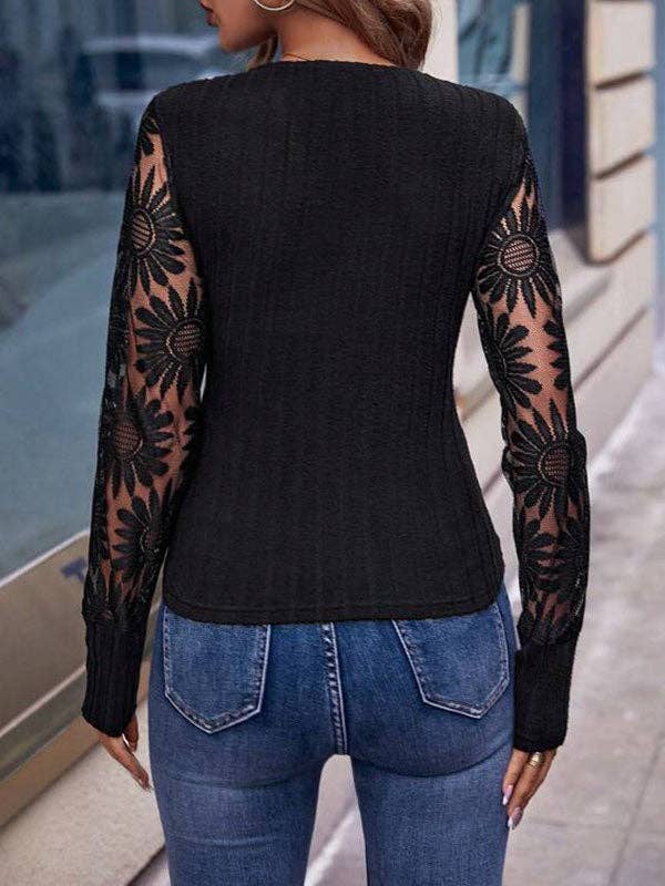 NERO T-shirt skinny a maniche lunghe con scollo a V trasparente ricamato in vendita all'ingrosso su Faire6