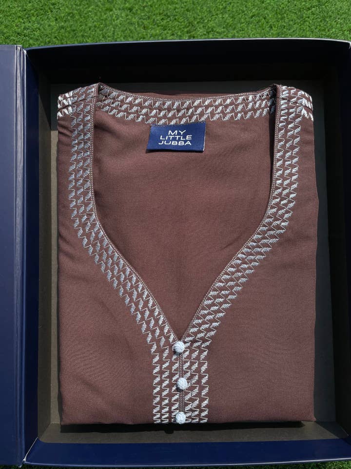 Mens Cinnamon with Teal Embroidery Maghribi 3/4 Sleeve Thobe for wholesale by MY LITTLE JUBBA