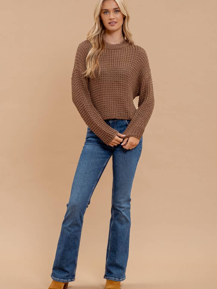 Blu Pepper - Wholesale Knit Sweater - Women's - SHEER CREW NECK CROCHET KNIT SWEATER