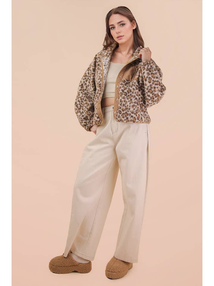 VERY J - Wholesale Jacket - Women's - NJ90423-Leopard & Cherry Printed Fleece Oversized Jacket5