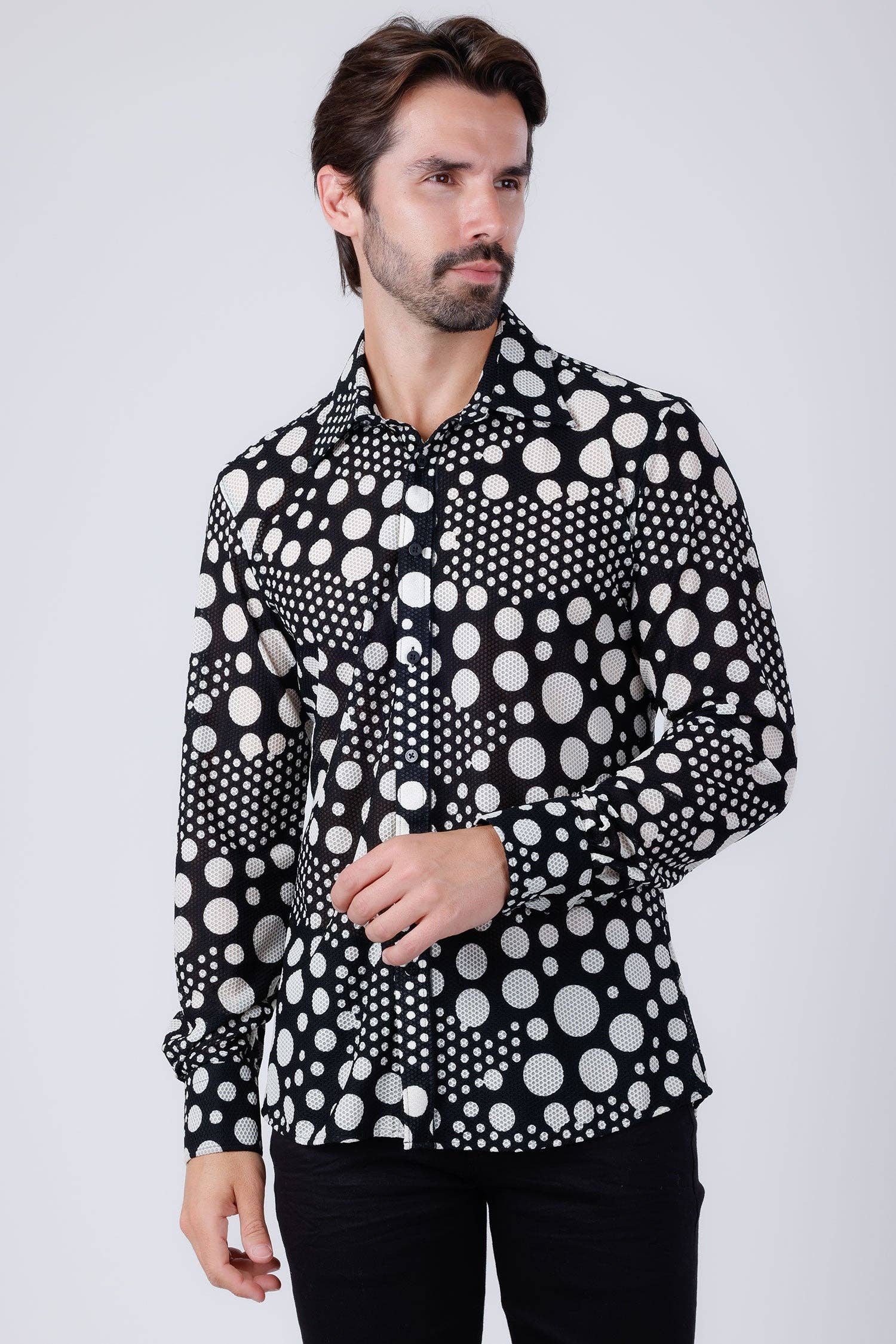 Black White Men's Polka Dots See Through Long Sleeve Shirt 4B92 for wholesale on Faire2