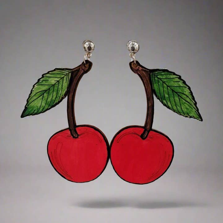 Large Red Cherry Earrings with Green Leaf – Fun Retro Statement Jewelry for wholesale by Bead And Beam