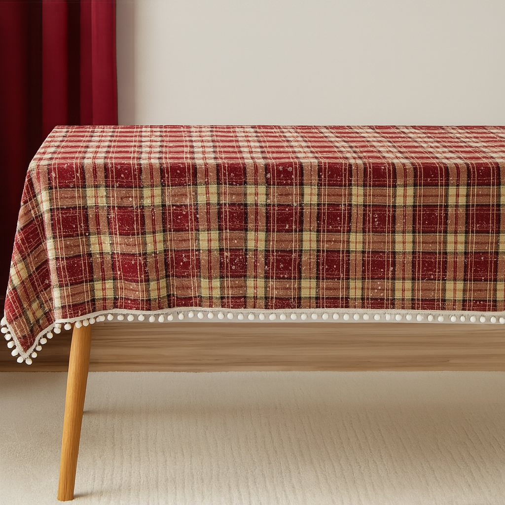 Fennco Styles - Vente Nappes - Nappe de fête classique à carreaux avec pompon en forme de flocon de neige0