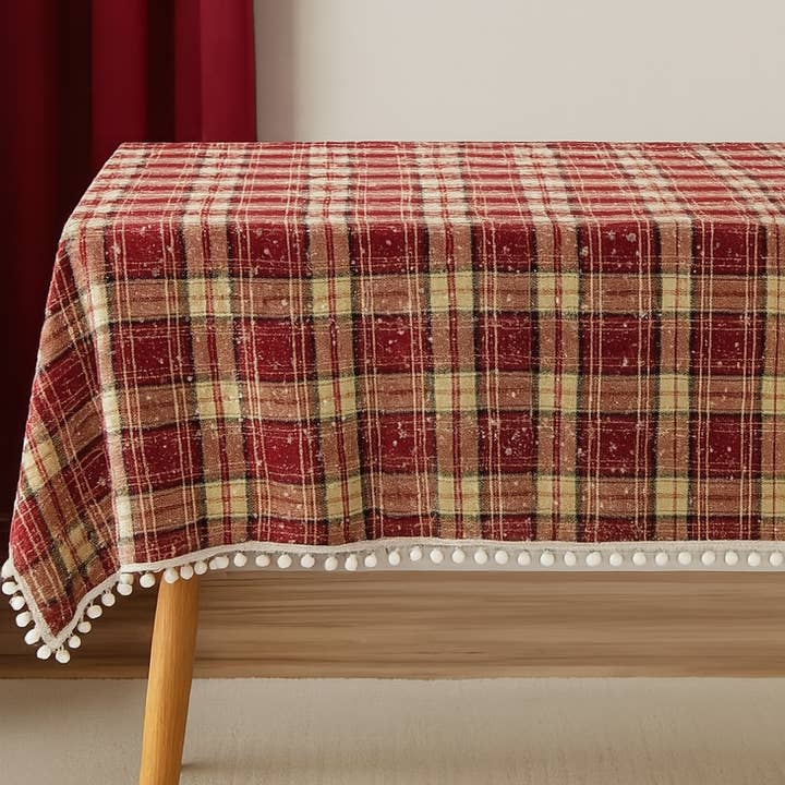 Fennco Styles - Wholesale Tablecloth - Classic Plaid Snowflake Pompom Border Festive Tablecloth0