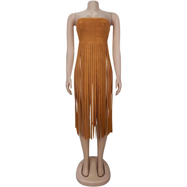 HIDDENBRAND - Wholesale Tank Top - Women's - Strapless bohemia sexy faux suede bandeau fringed maxi top3