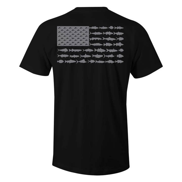 Distressed American Fish Flag Patriotic T-Shirt (Black) for wholesale by Chasing Fin