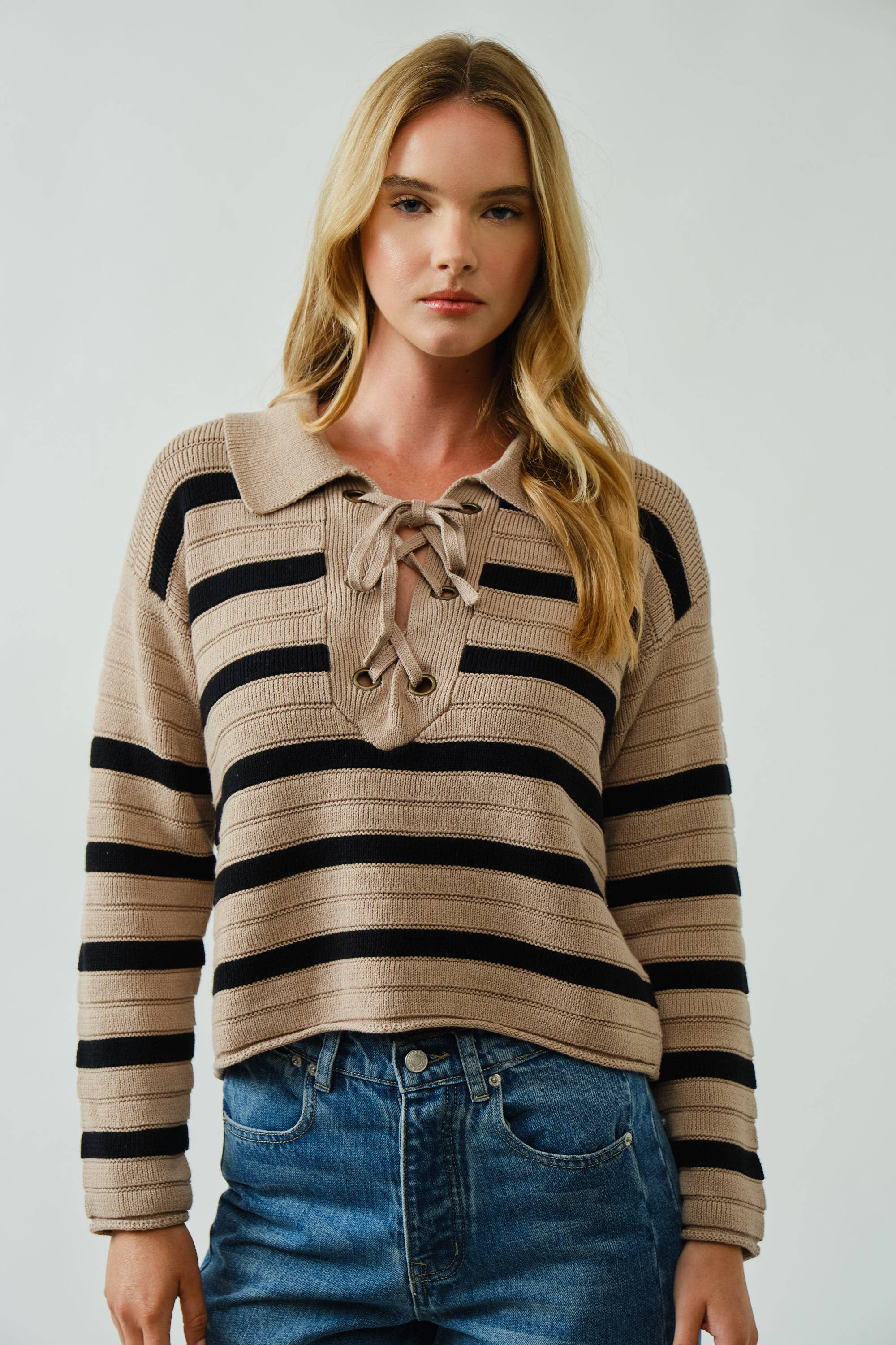 Aaron & Amber - Wholesale Knit Sweater - Women's - AJT5089 LACE UP RELEXED FIT STRIPE SWEATER10