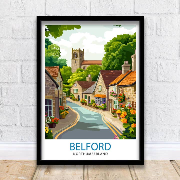 Belford Northumberland Travel Poster UK Village Art Belford Poster Scenic Northumberland Poster British Countryside Decor for wholesale by InkNPrintz