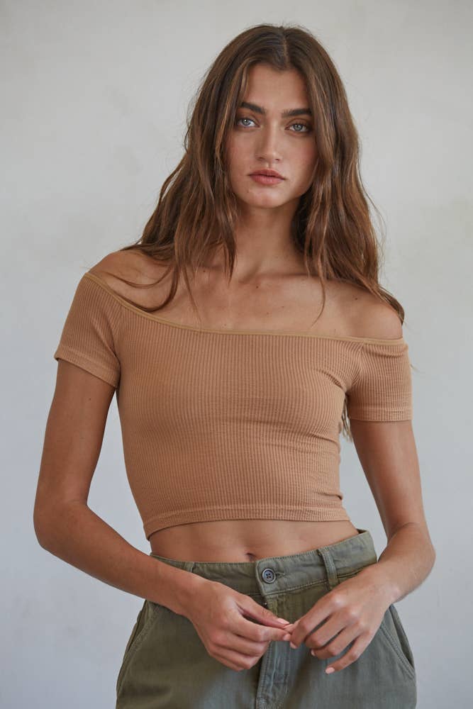 By Together - Wholesale Knit Top - Women's - S1054 | Knit Seamless Ribbed Off Shoulder Crop Top2
